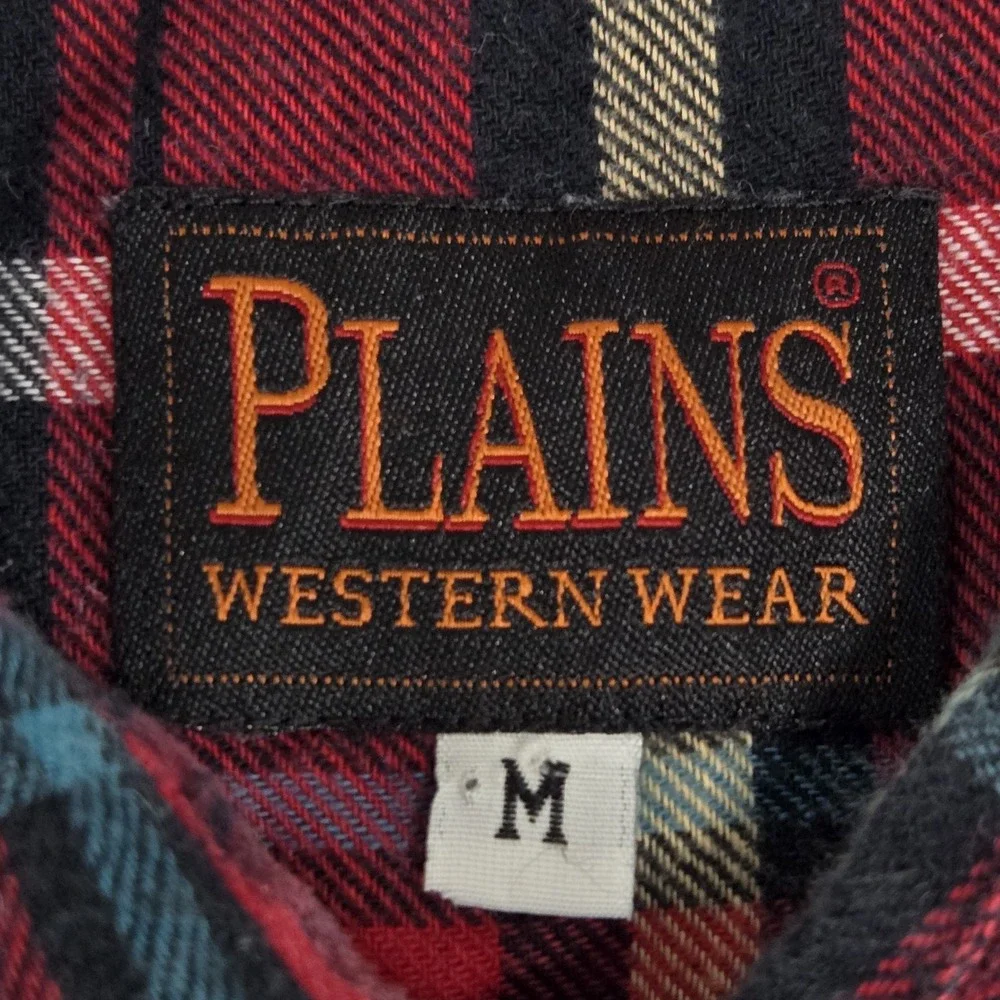 Plains Mens Medium Red Plaid Pearl Snap Long‎ Sleeve Flannel Western Shirt